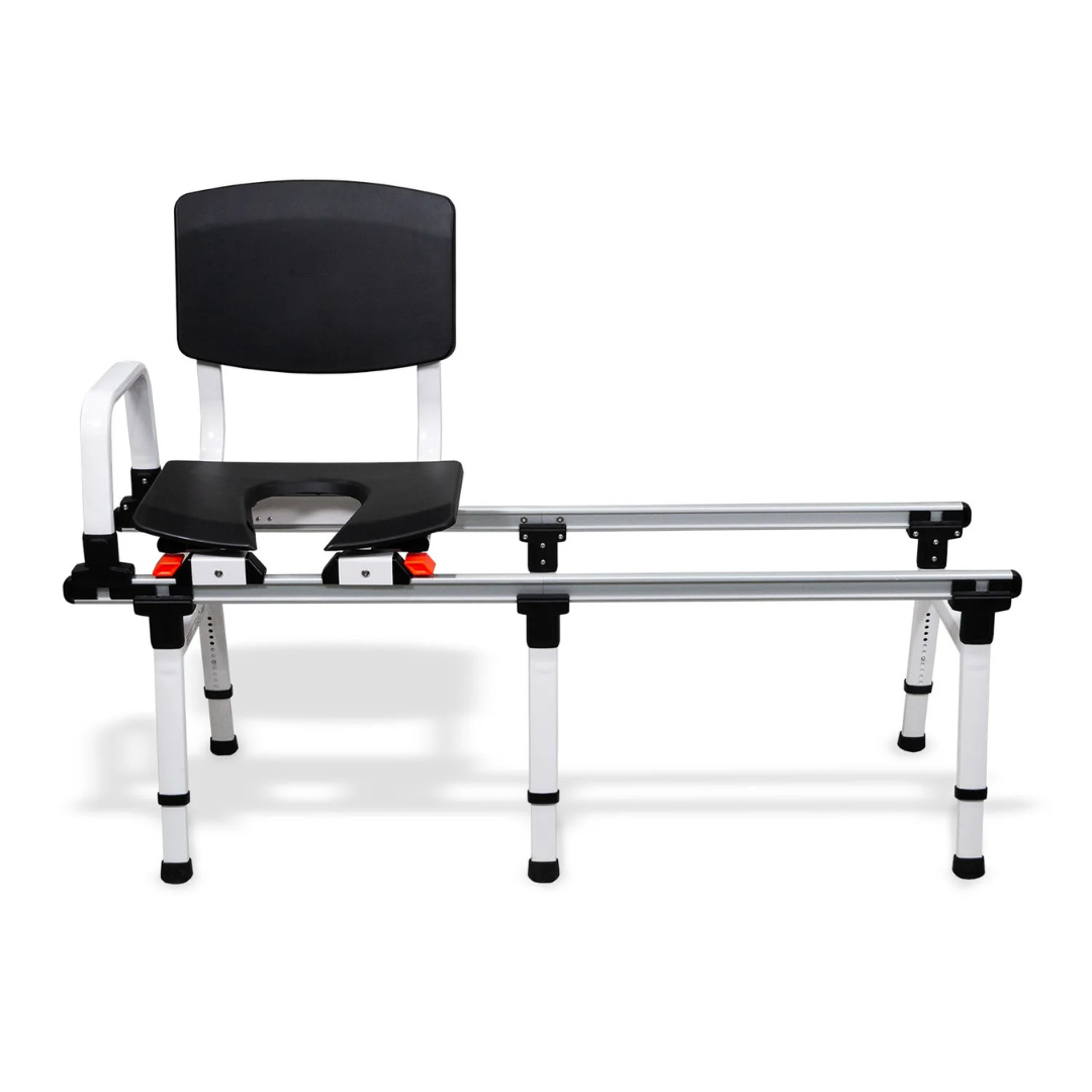 The ShowerGlyde SG2 Sliding Transfer Bench is a black and white adjustable bench with seat, backrest, armrest, and metal rails for safe, easy tub and toilet transfers in accessible bathrooms.